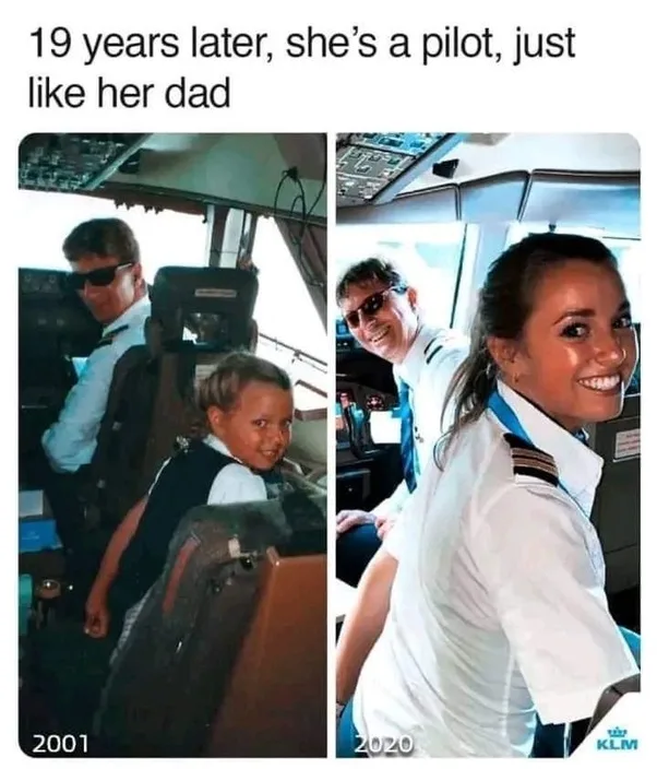 Two side-by-side photos show a young boy in 2001 sitting in a cockpit with an adult male pilot, and in 2020, a young woman…