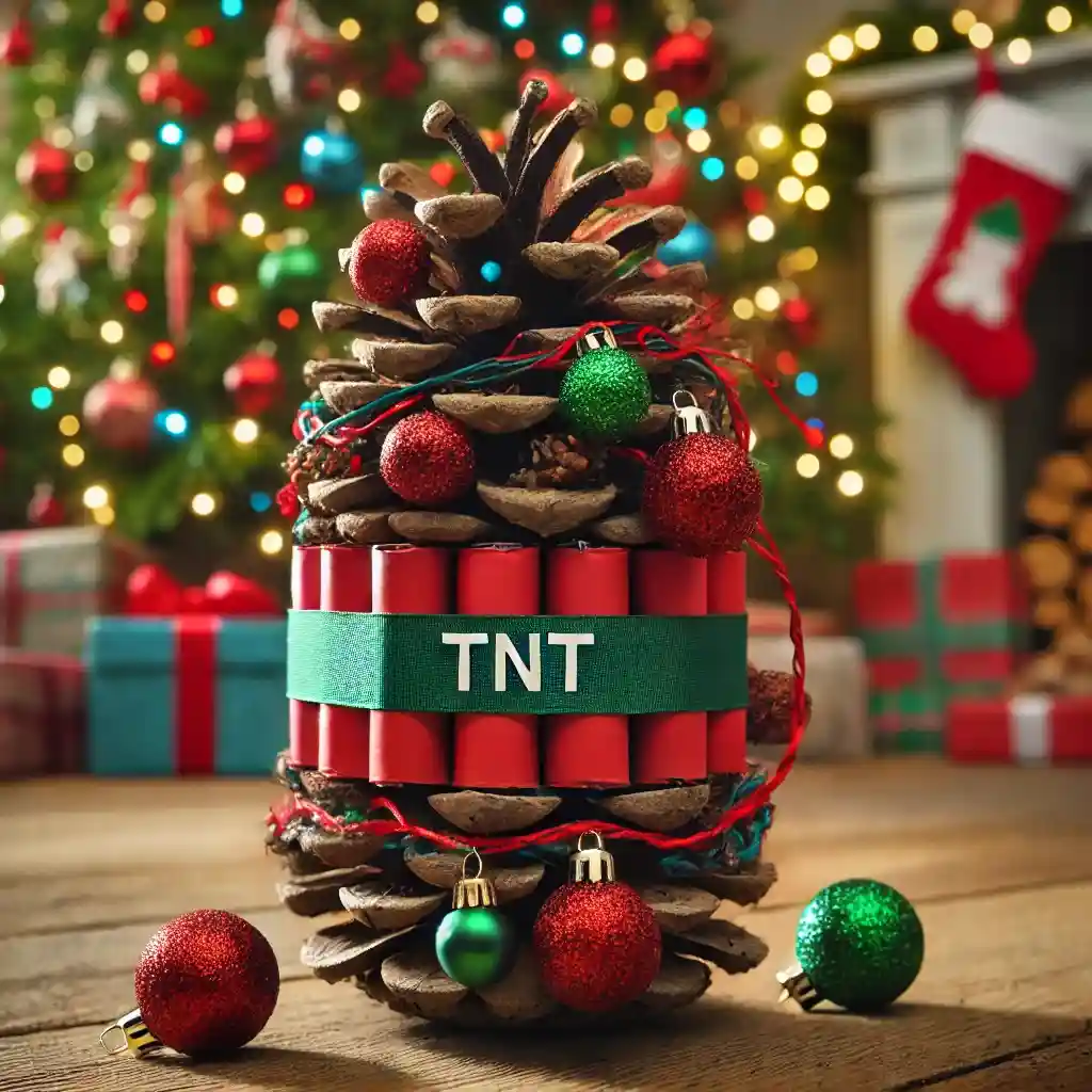 A festive Christmas pinecone is decorated with red and green glitter ornaments and wrapped with a green ribbon labeled…