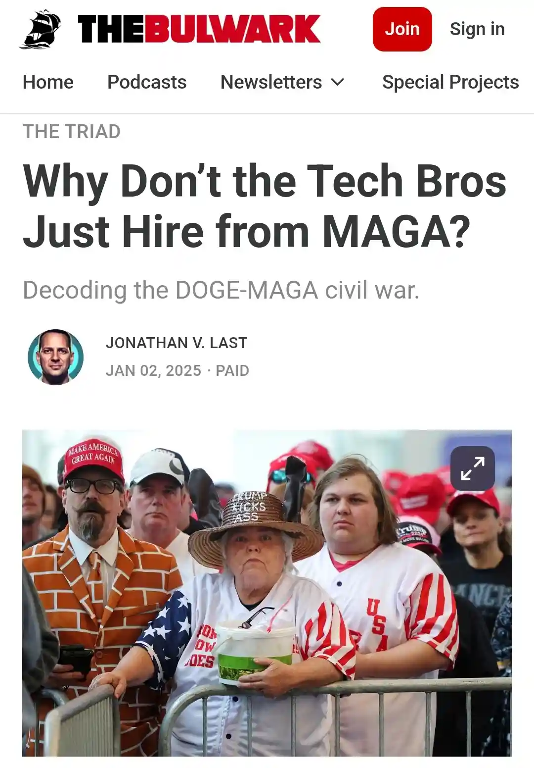 A screenshot of a The Bulwark article titled 'Why Don't the Tech Bros Just Hire from MAGA?' featuring a photo of MAGA…