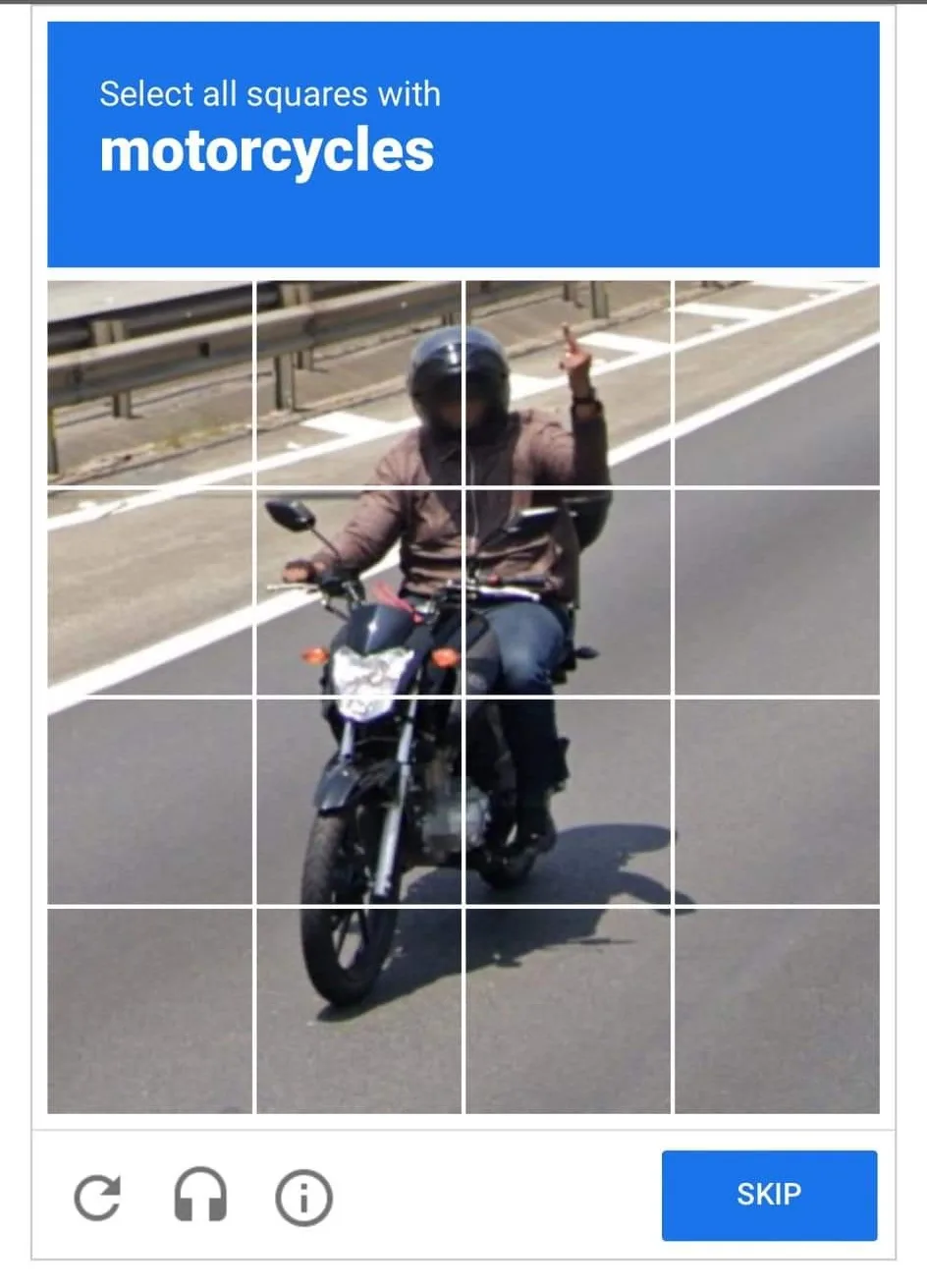 An image mimicking a mobile app's object selection game, showing a person on a motorcycle divided into a 3x3 grid. The…