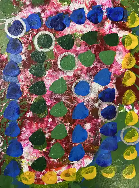 An abstract painting with textured, colorful paint splatters in pink, green, and yellow, overlaid with numerous blue, green…