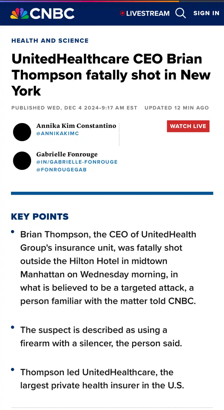 A screenshot of a CNBC news article with the headline 'UnitedHealthcare CEO Brian Thompson fatally shot in New York' and key…
