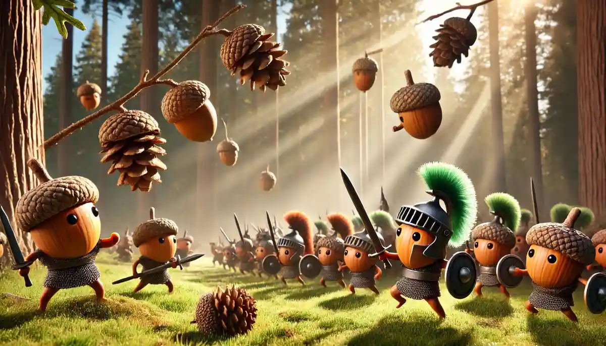 A whimsical, sunlit forest scene shows tiny, cartoonish acorn warriors in Roman-style armor and helmets with green plumes…