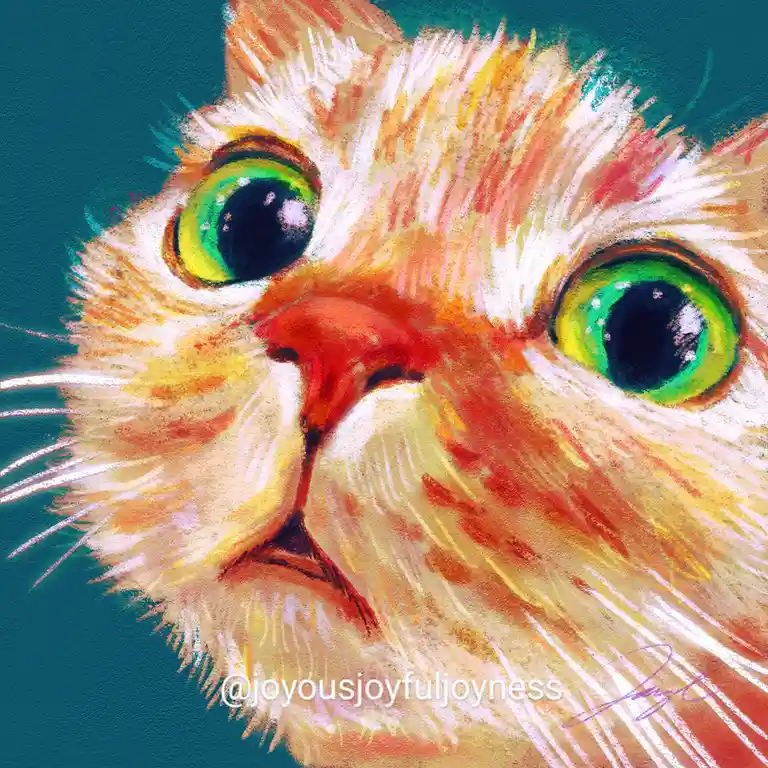 A vibrant, stylized digital painting of a close-up of an orange and white cat's face with large, expressive green eyes…