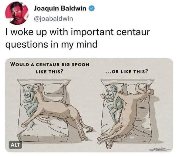 A tweet from Joaquin Baldwin shows a comic depicting two centaurs in bed, one spooning normally and the other spooning with…