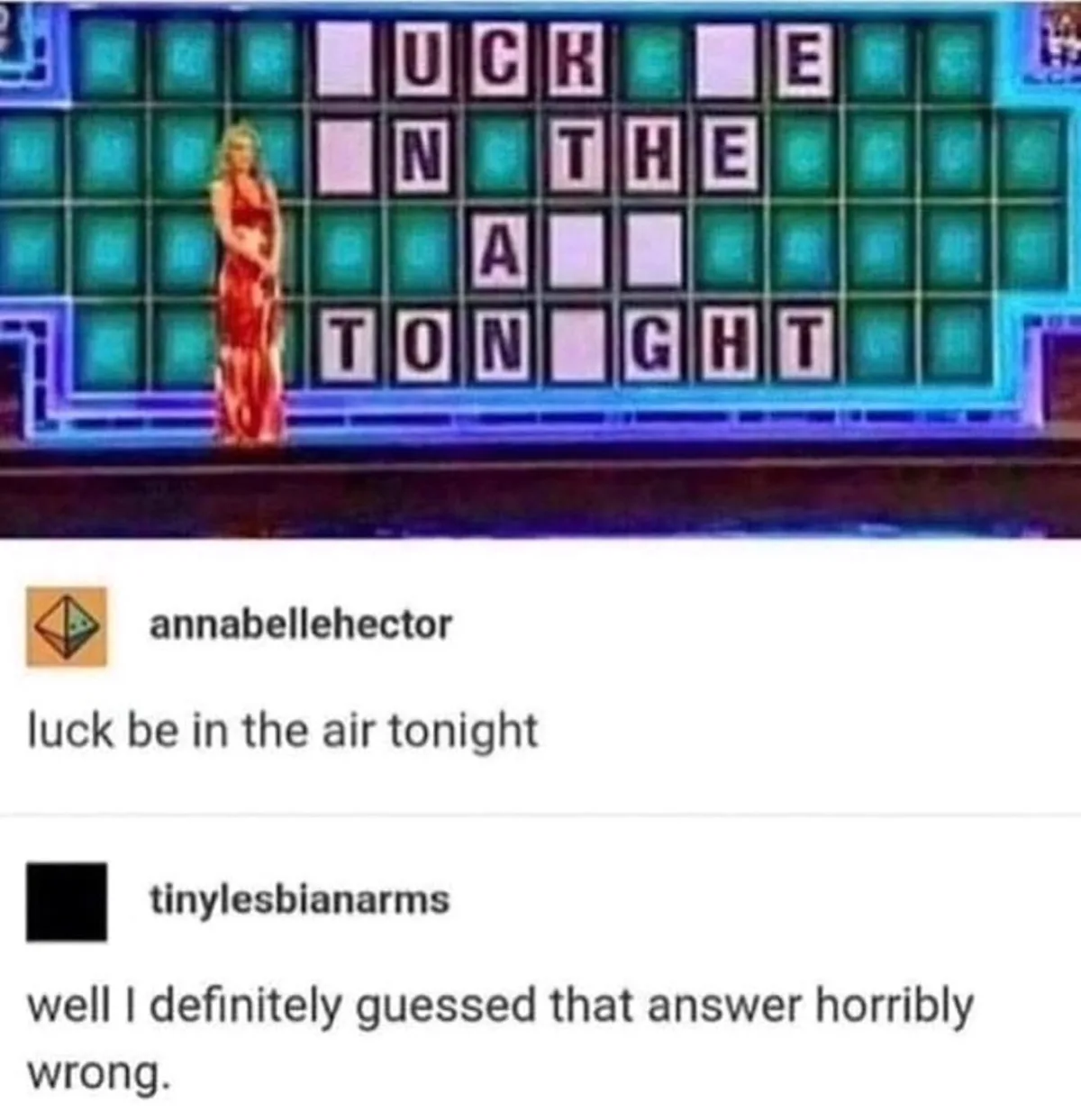A screenshot of a game show with a woman in a red dress standing before a grid of letter tiles that spell 'LUCK BE IN THE…