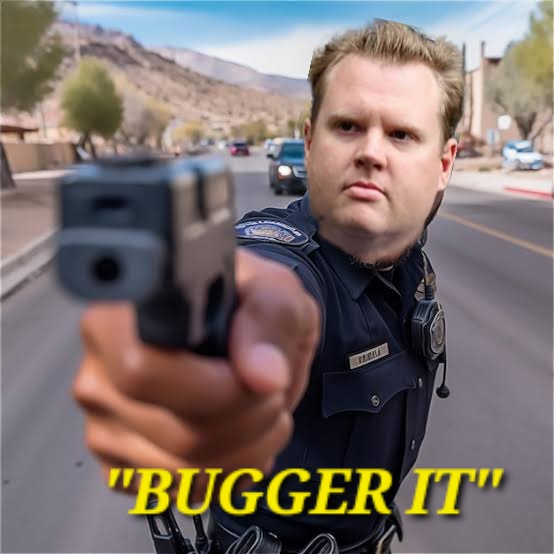 A man in a police uniform holds a handgun pointed directly at the viewer, standing on a street with hills and cars in the…
