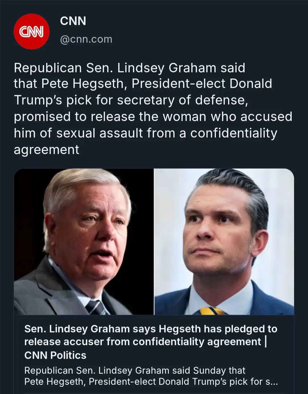 A screenshot of a CNN tweet showing two men side-by-side: an older white man with gray hair in a suit (Lindsey Graham) and a…