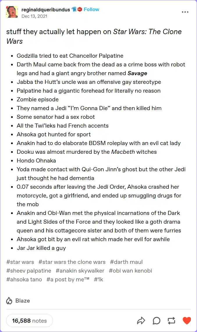 A screenshot of a social media post listing absurd, fictional, or out-of-character events supposedly occurring in 'Star…