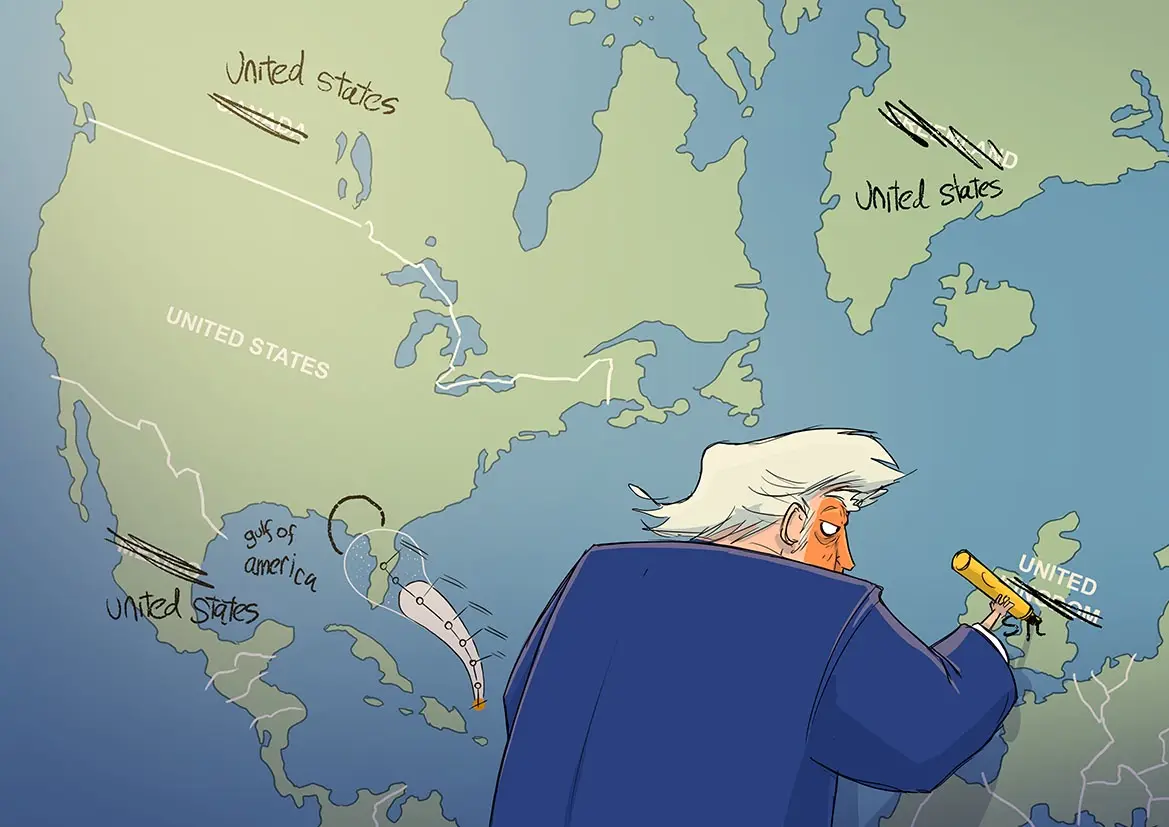 A cartoon depicts a man with white hair in a blue suit, viewed from behind, holding a yellow marker and scribbling over a…