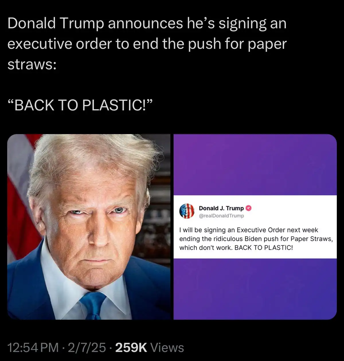 The image displays a split-screen: on the left, a stern-looking Donald Trump in a suit and tie, and on the right, a…