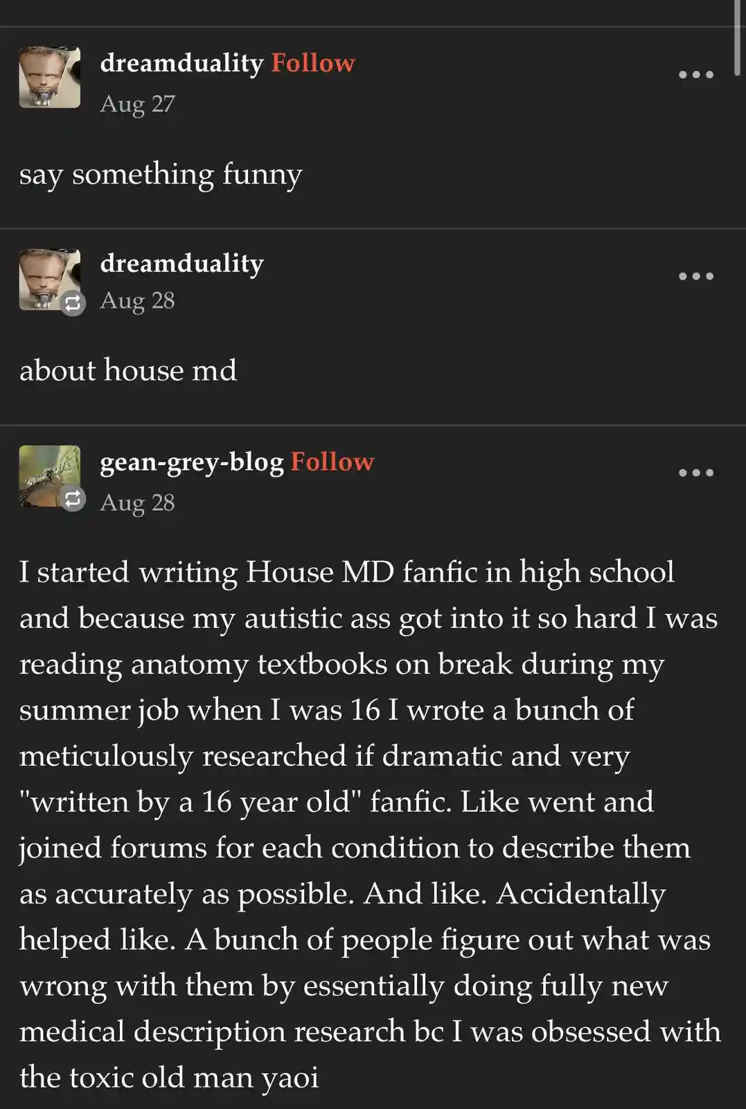A screenshot of a social media thread where a user named 'gean-grey-blog' responds to a prompt asking for something funny…