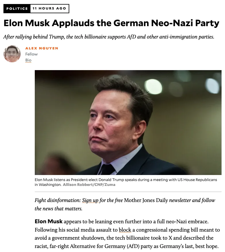 A screenshot of a news article with the headline 'Elon Musk Applauds the German Neo-Nazi Party' overlaid on a photo of Elon…