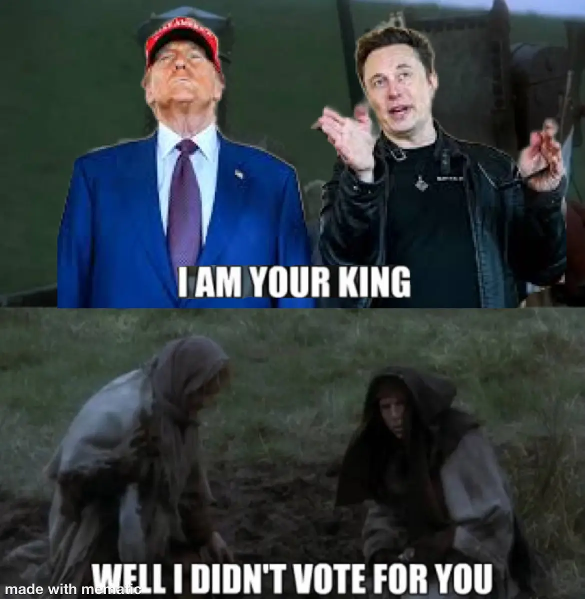 The top panel shows Donald Trump in a blue suit and red MAGA hat looking upward, next to Elon Musk in a black jacket…