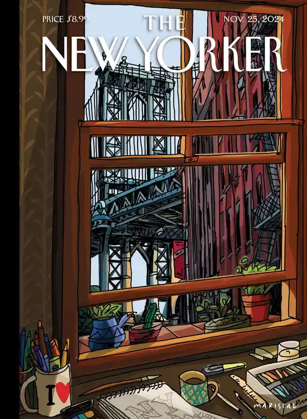 An illustrated magazine cover mimicking The New Yorker, showing a window view of a bridge structure and city buildings, with…