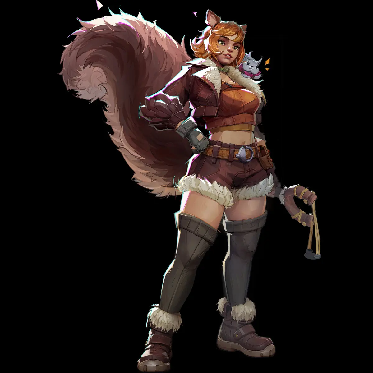 A female video game character with orange hair, cat ears, and an enormous bushy brown squirrel tail stands confidently in…