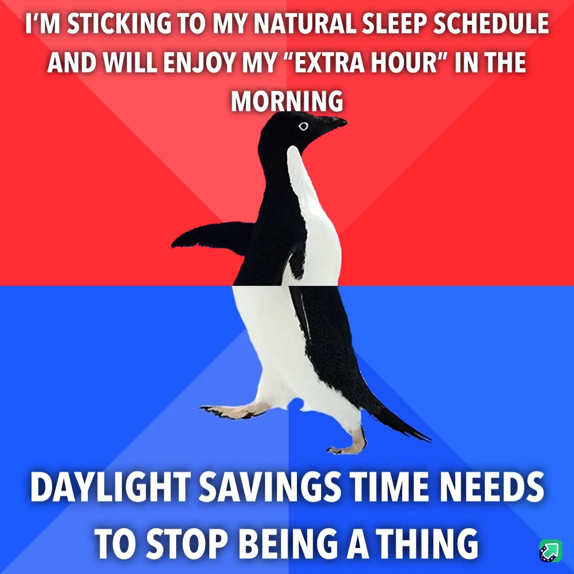 A penguin stands centered against a red and blue background, with white text overlaid in two sections. The top text reads…