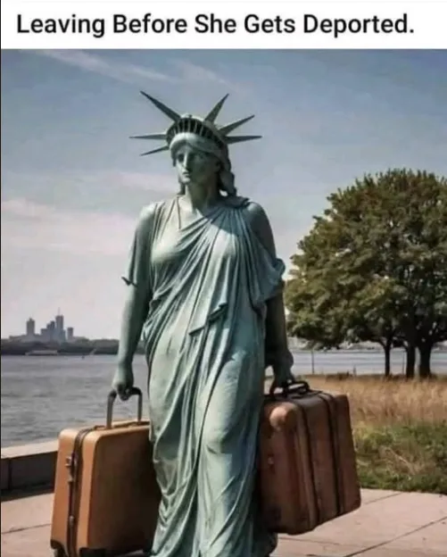 The Statue of Liberty is depicted holding two vintage brown suitcases, one in each hand, as if preparing to depart. The…