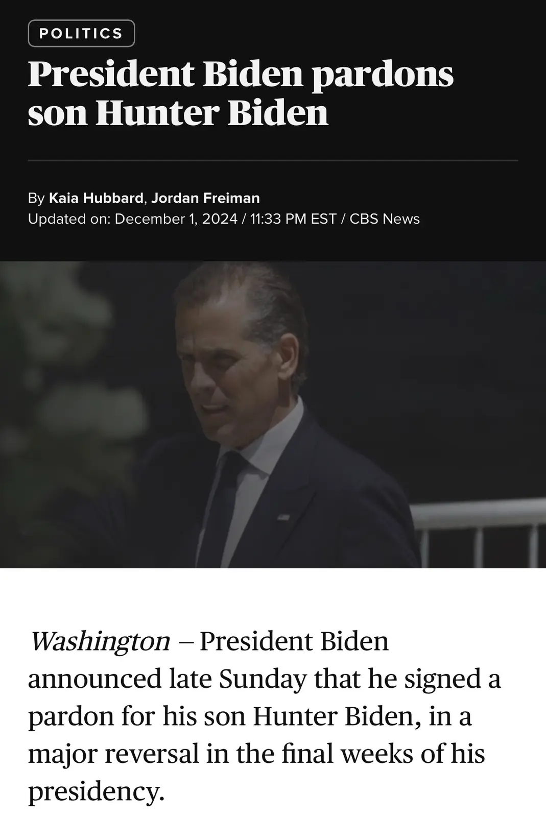 A screenshot of a CBS News article with a 'POLITICS' tag, featuring a photo of President Joe Biden in a suit and tie. The…