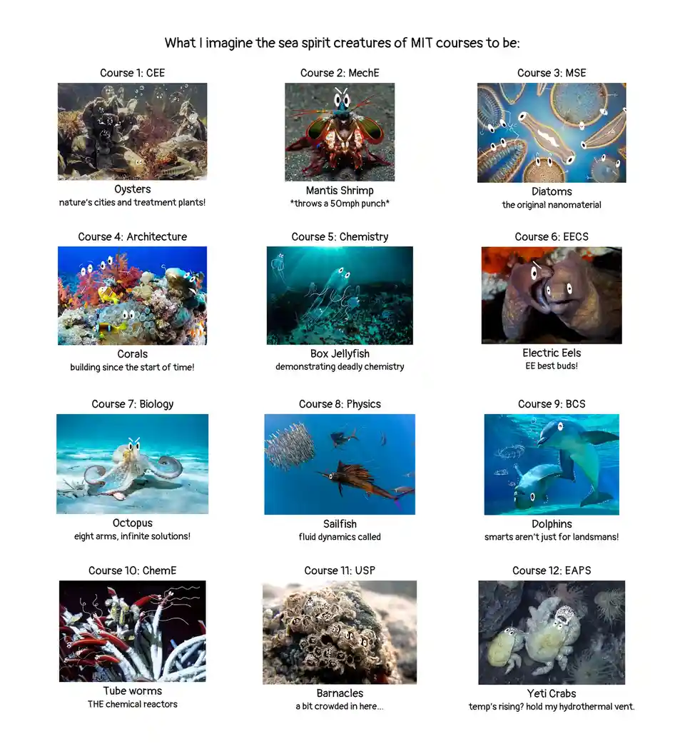 A grid of 12 images, each showing a different sea creature with cartoon eyes and overlaid text. Each image is labeled as a…