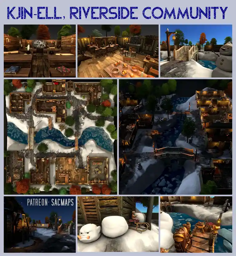 A collage of nine images showcasing a detailed, snowy, wooden riverside community with bridges, cabins, and festive snowmen…