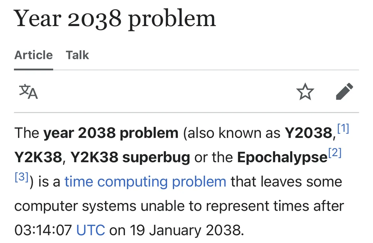 A screenshot of a Wikipedia article titled 'Year 2038 problem' shows the opening paragraph defining it as a time computing…
