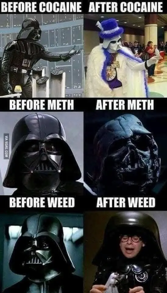 A six-panel meme grid featuring Darth Vader in four 'before' states and four 'after' states, each labeled with a drug…