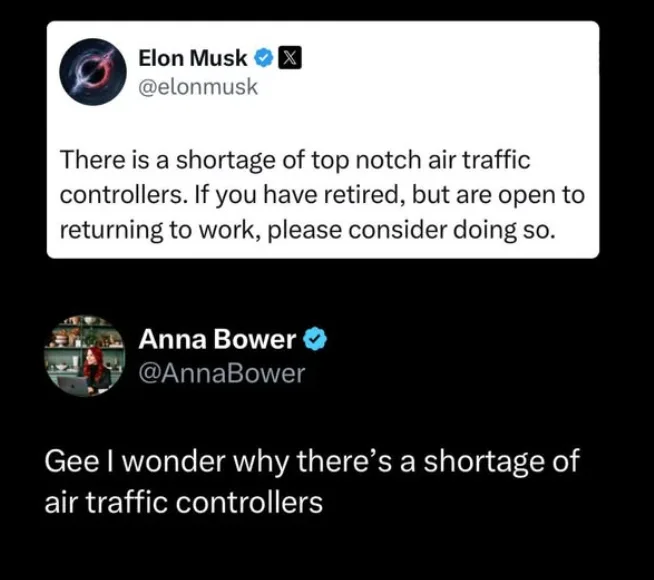 The image displays two Twitter posts. The top post is from Elon Musk, who says there's a shortage of top-notch air traffic…