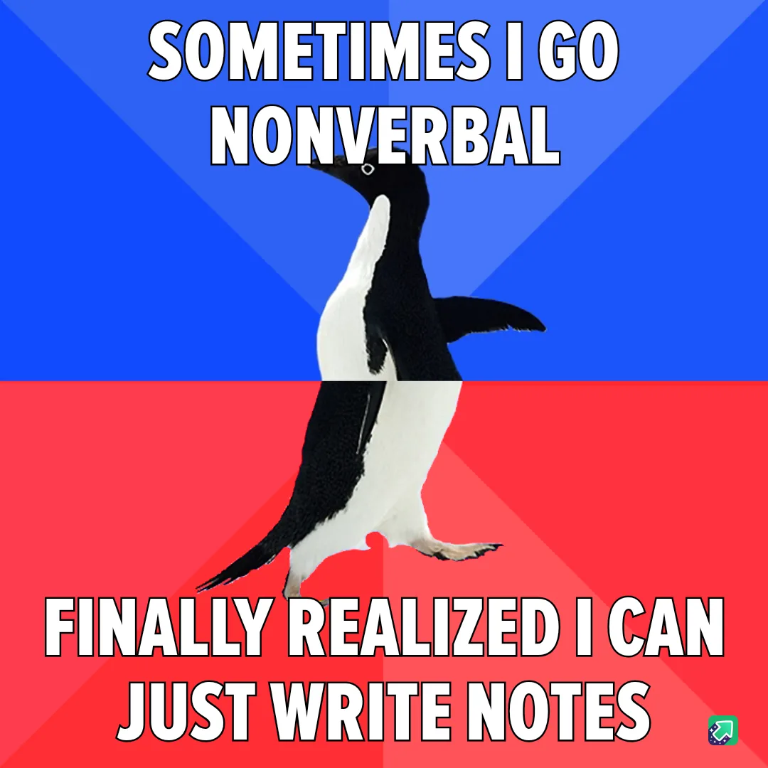 A penguin stands upright against a blue and red background, with bold white text at the top reading 'SOMETIMES I GO…