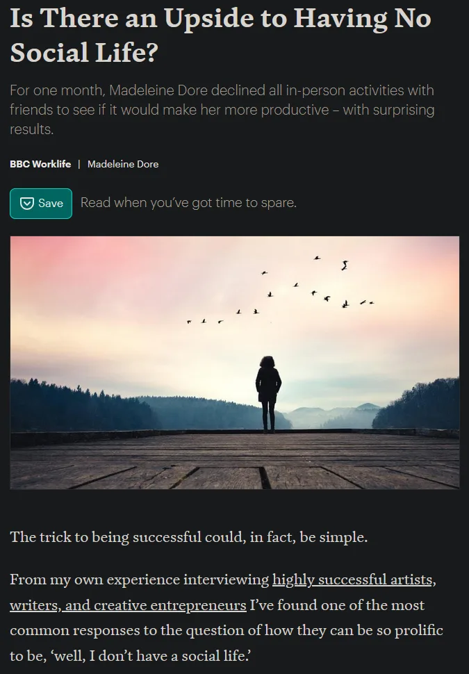 A screenshot of a BBC Worklife article titled 'Is There an Upside to Having No Social Life?' featuring a silhouette of a…