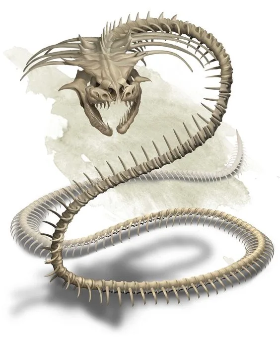 A detailed illustration of a dragon's skeleton, coiled and skeletal with visible ribs, spine, and skull, set against a…