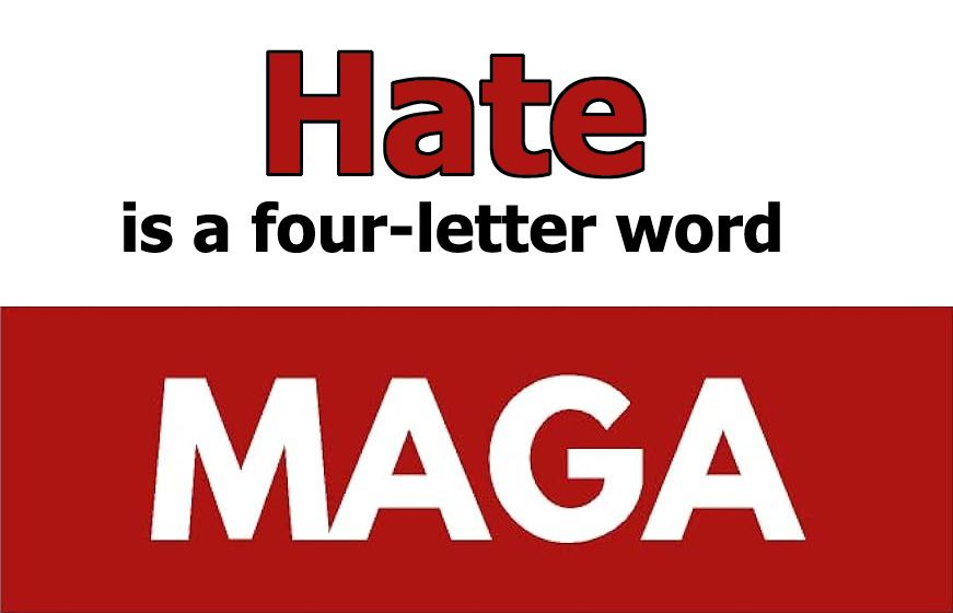 The image displays two text blocks: the top reads 'Hate is a four-letter word' in red and black fonts, and the bottom…
