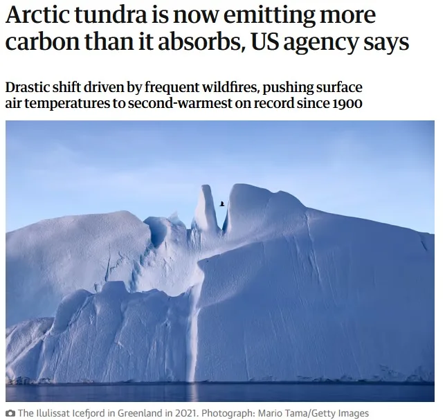 A large iceberg with a small black bird perched on its peak, overlaid with the headline 'Arctic tundra is now emitting more…