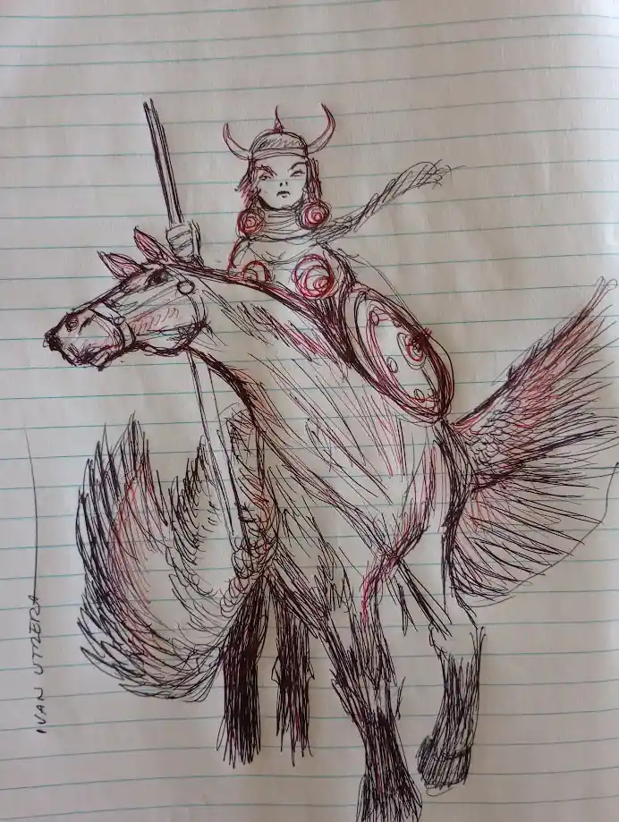 A hand-drawn sketch on lined notebook paper depicts a stylized warrior with horns and spiral armor riding a winged horse…