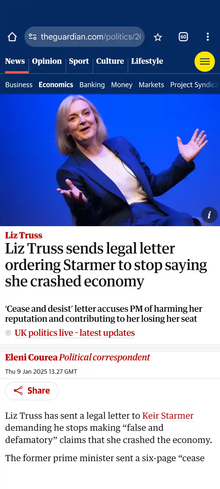 A screenshot of a The Guardian news article shows a photo of Liz Truss gesturing while speaking, with the headline 'Liz…