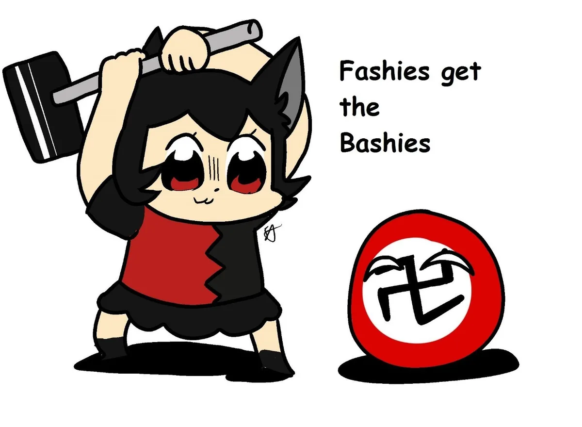 A chibi-style cartoon character with black hair, cat ears, and red eyes holds a large black hammer above their head, wearing…