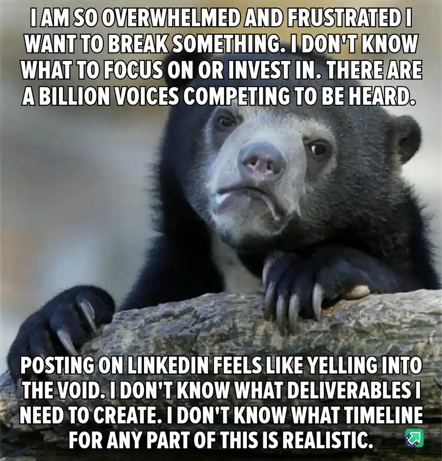 A close-up photo of a sad-looking sun bear resting its paws on a log, with white text overlaid in two blocks. The top text…