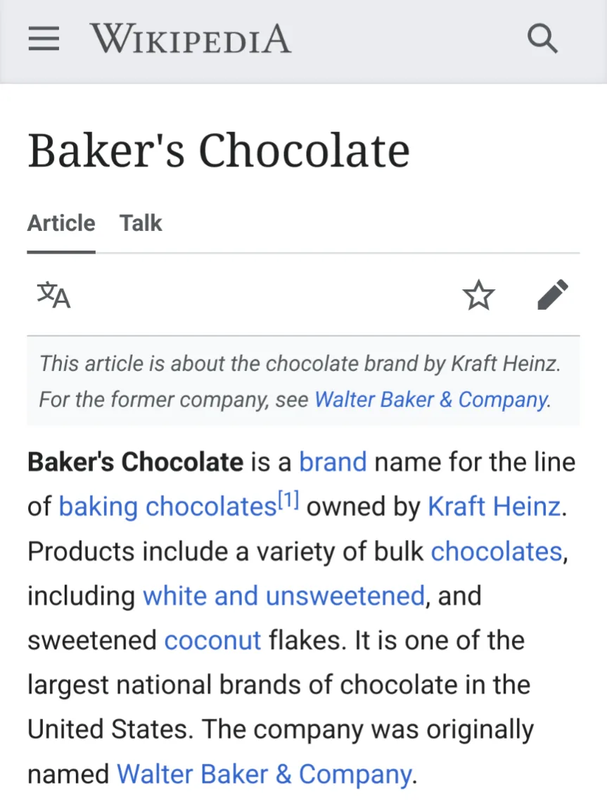 A screenshot of the Wikipedia article for 'Baker's Chocolate' shows the top portion of the page, including the title…
