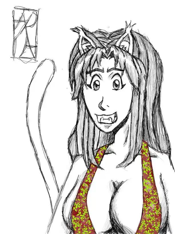 A sketch of a cartoonish vampire girl with cat ears, fangs, and a long tail, wearing a red and green patterned tie. In the…