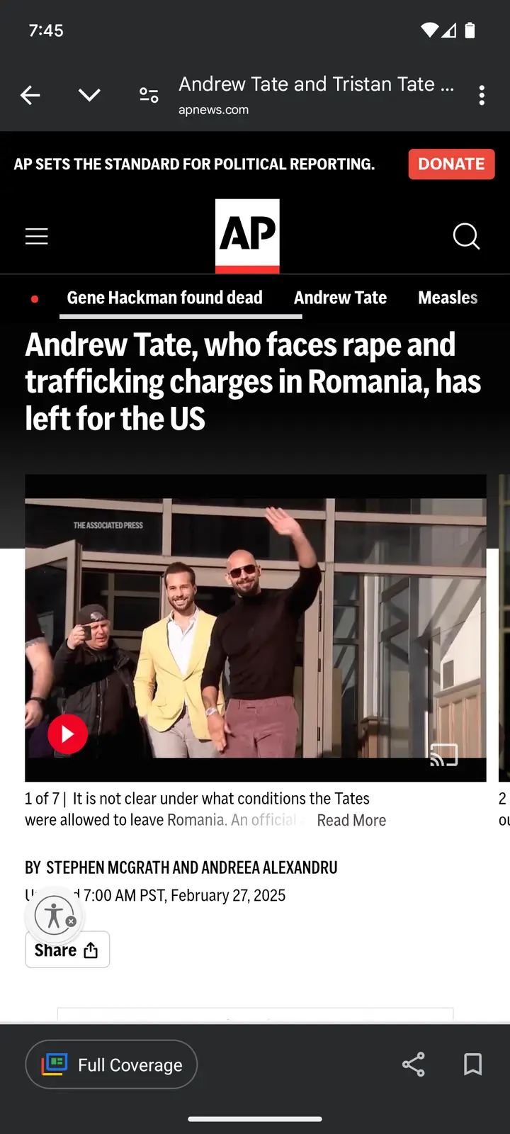 A screenshot of an Associated Press news article shows Andrew Tate and Tristan Tate walking out of a building, with Andrew…