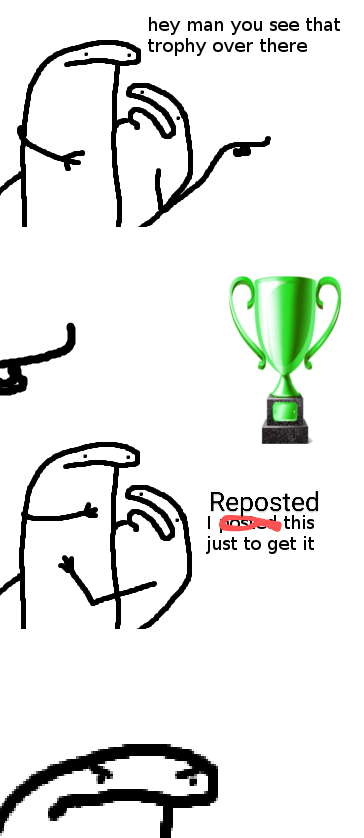 A three-panel comic strip featuring a simple stick figure. In the first panel, the figure points to a green trophy. In the…