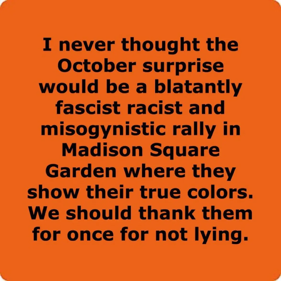The image features a solid orange background with bold black text centered in a block format. The text reads: 'I never…