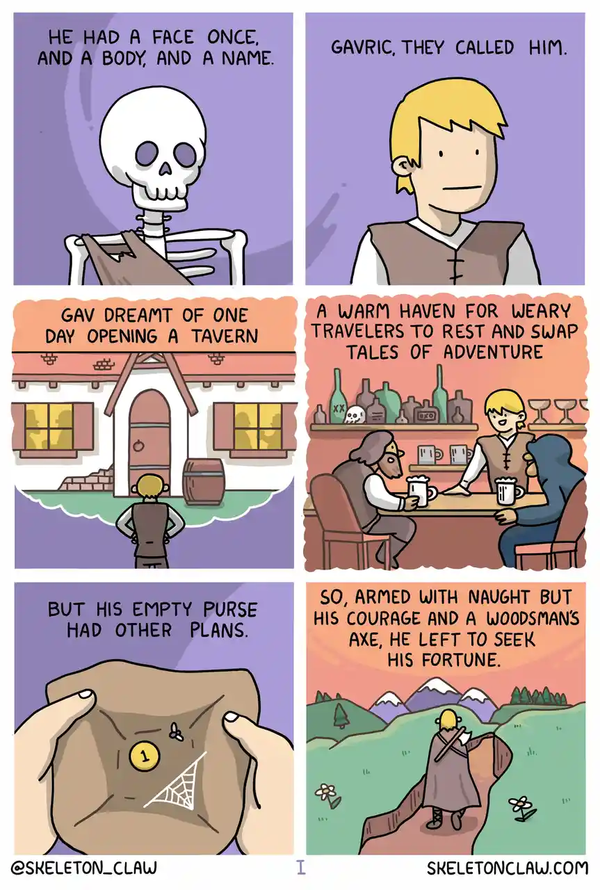 A six-panel comic strip depicts a skeleton narrator introducing a character named Gavric, who dreams of opening a tavern but…