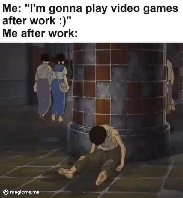 An anime scene shows a young man collapsed and exhausted on a tiled floor, leaning against a large stone pillar, while two…