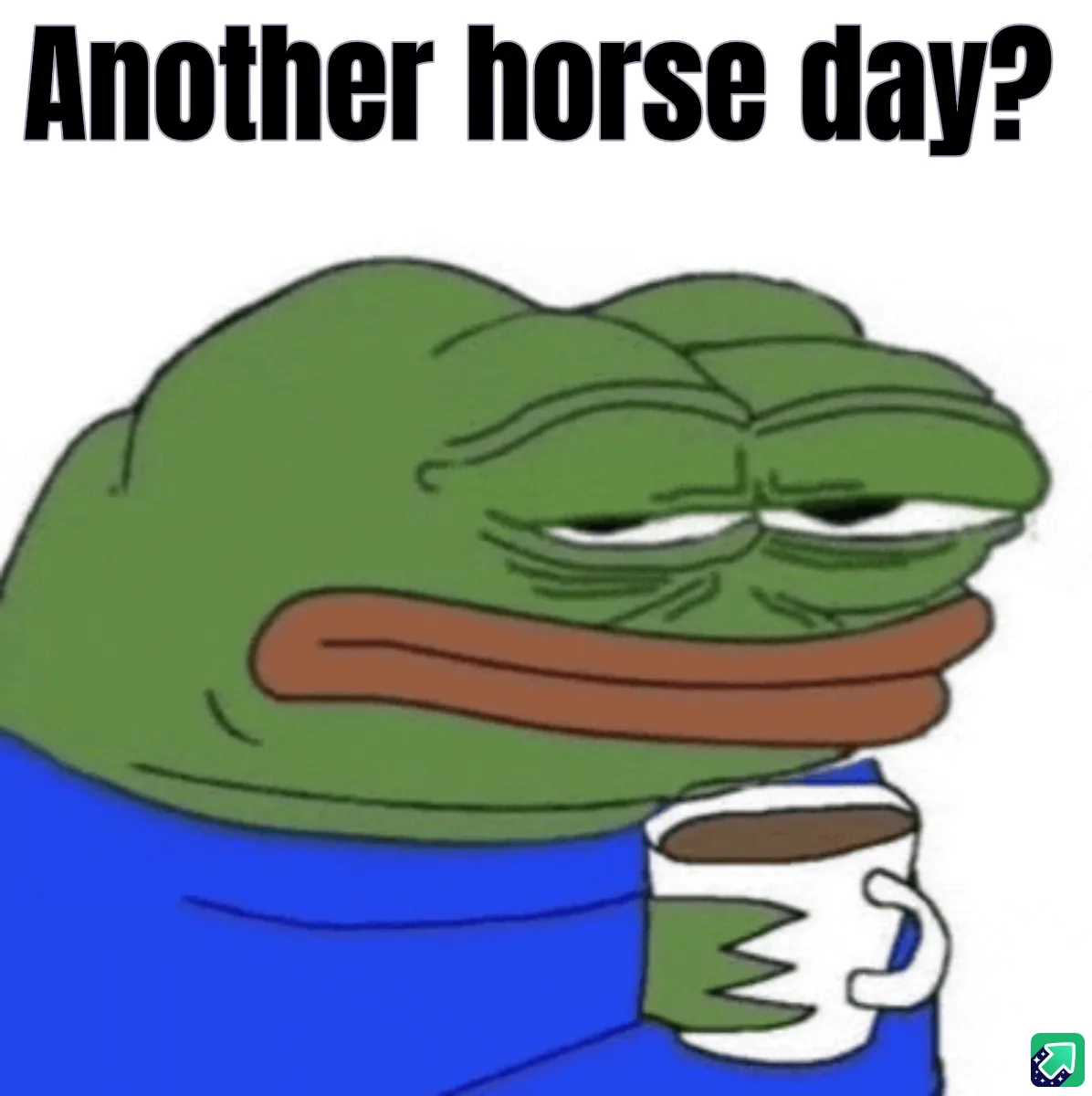 A green cartoon frog, Pepe the Frog, wearing a blue shirt and holding a white mug with a green zigzag design, looks tired…