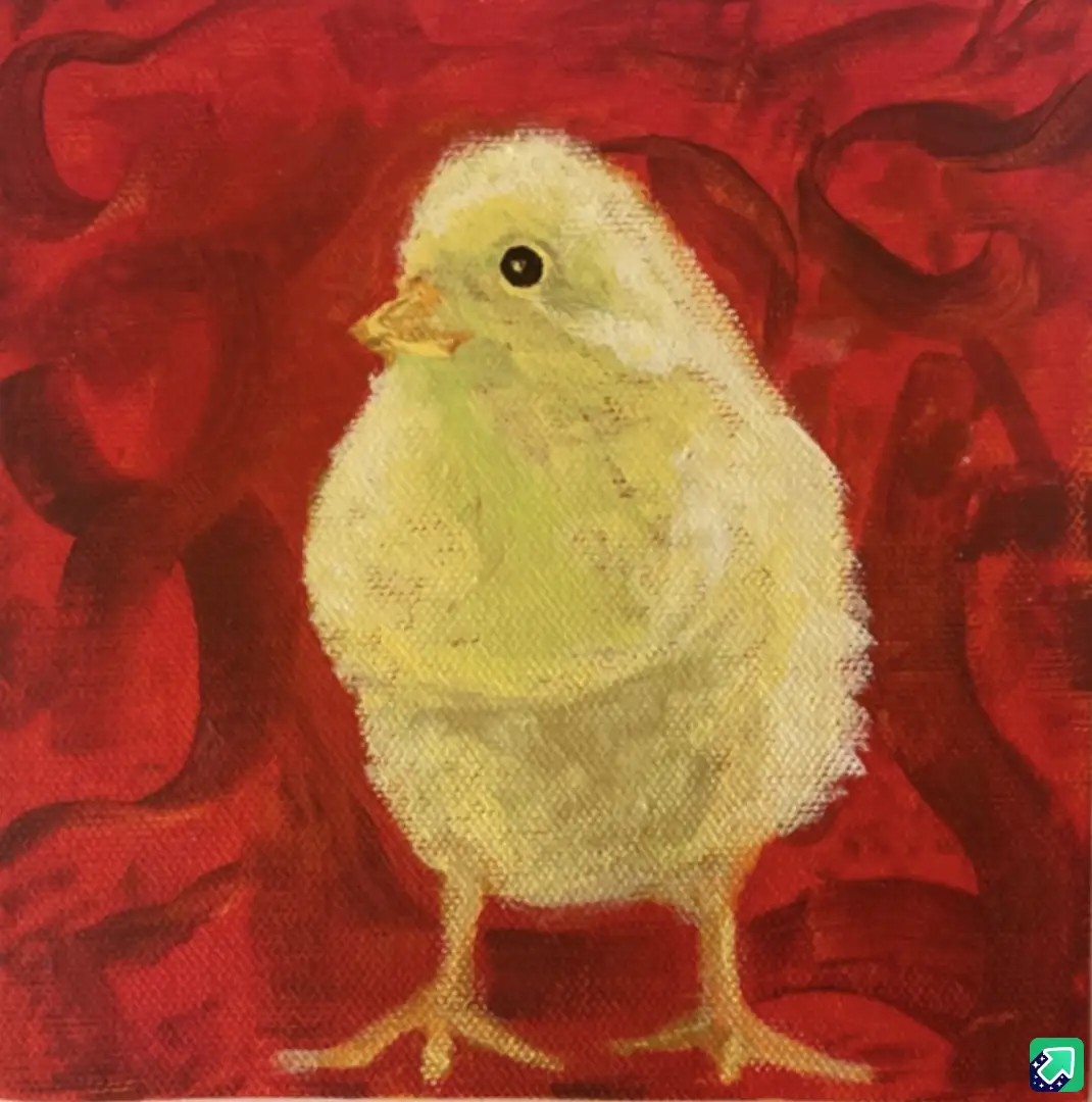 A small, yellow chick is painted in a textured, red background. The chick is standing upright and looking slightly to the…