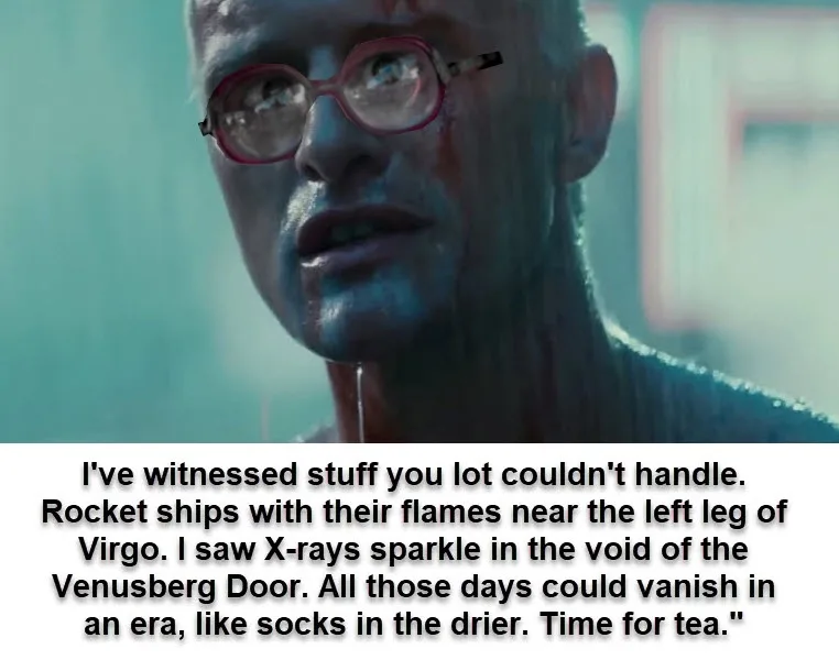 A close-up of a man with glasses and blue face paint, looking upward with a serious expression. The image has a white text…