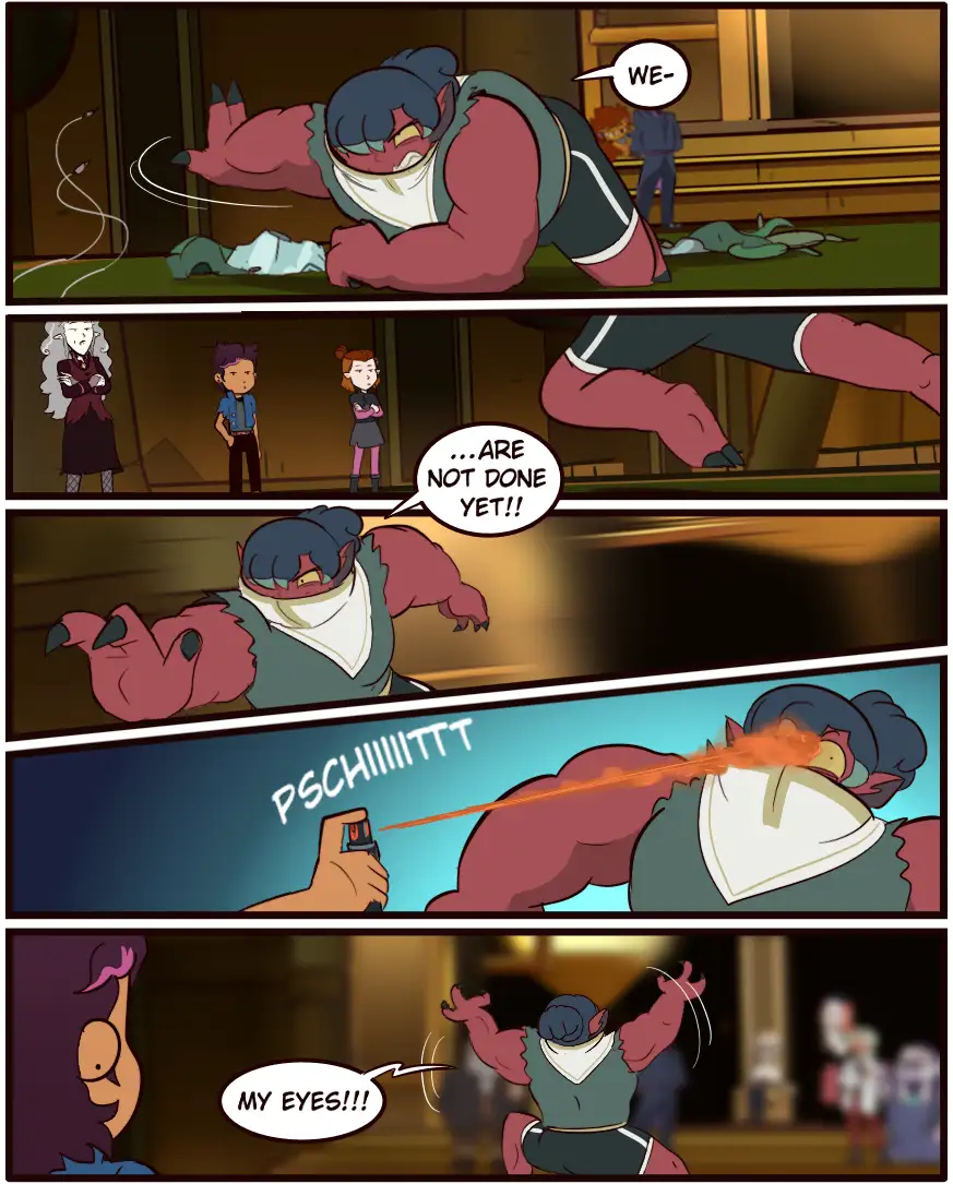 A four-panel comic strip shows a large, muscular, red-skinned character with a white bandana, initially crawling on the…