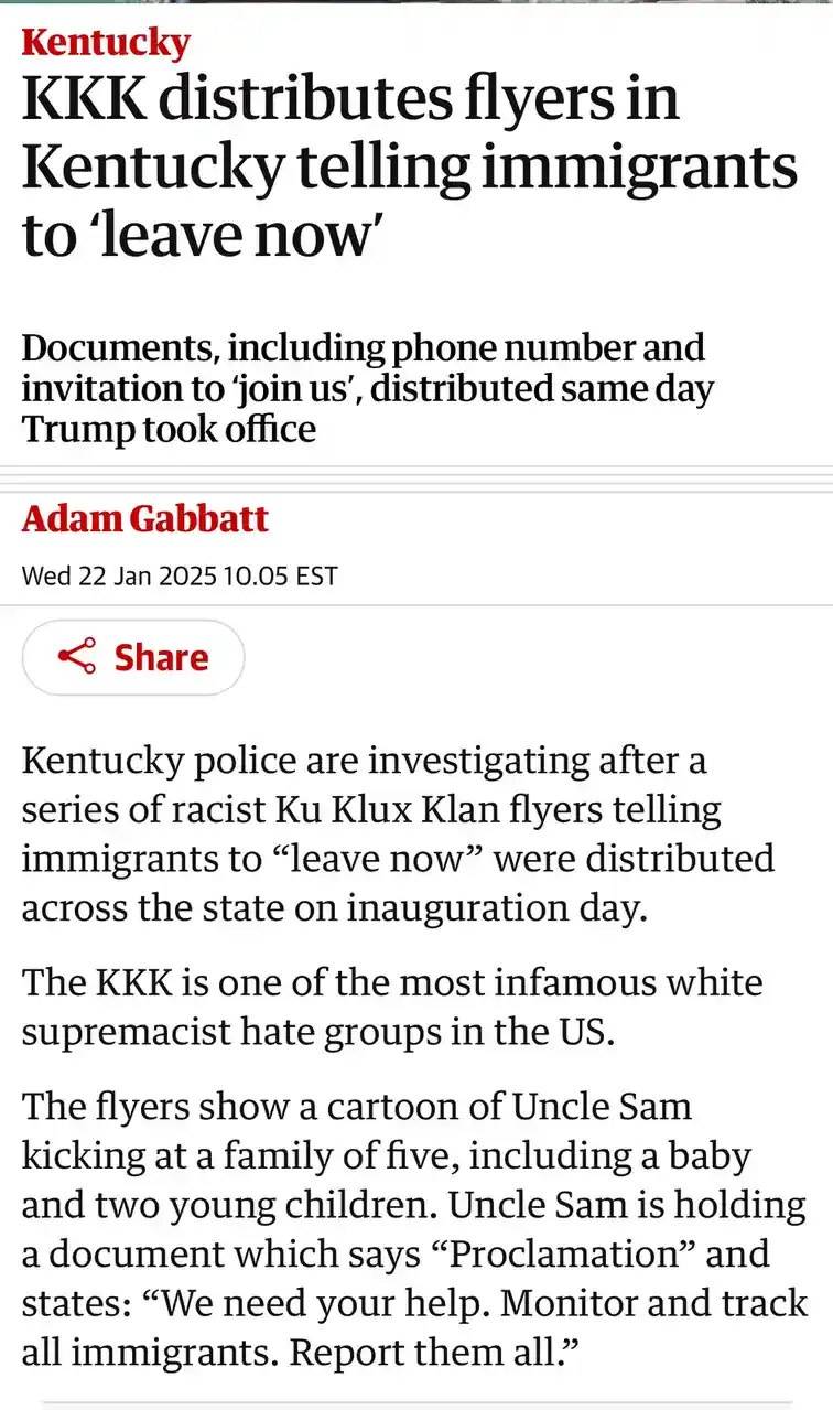 A screenshot of a news article with a headline reading 'KKK distributes flyers in Kentucky telling immigrants to 'leave…