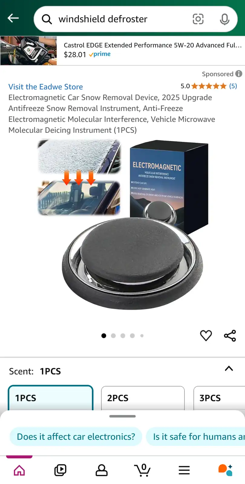 A screenshot of an Amazon product page for a 'windshield defroster' device, showing a circular black and silver gadget with…